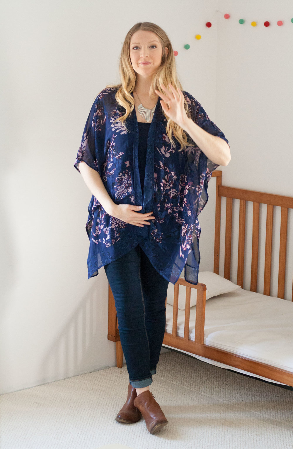  Blue Printed Kimono Blouse paired with Maternity Tall Skinny Jeans and Lucky Brand Basel Booties in Toffee. 