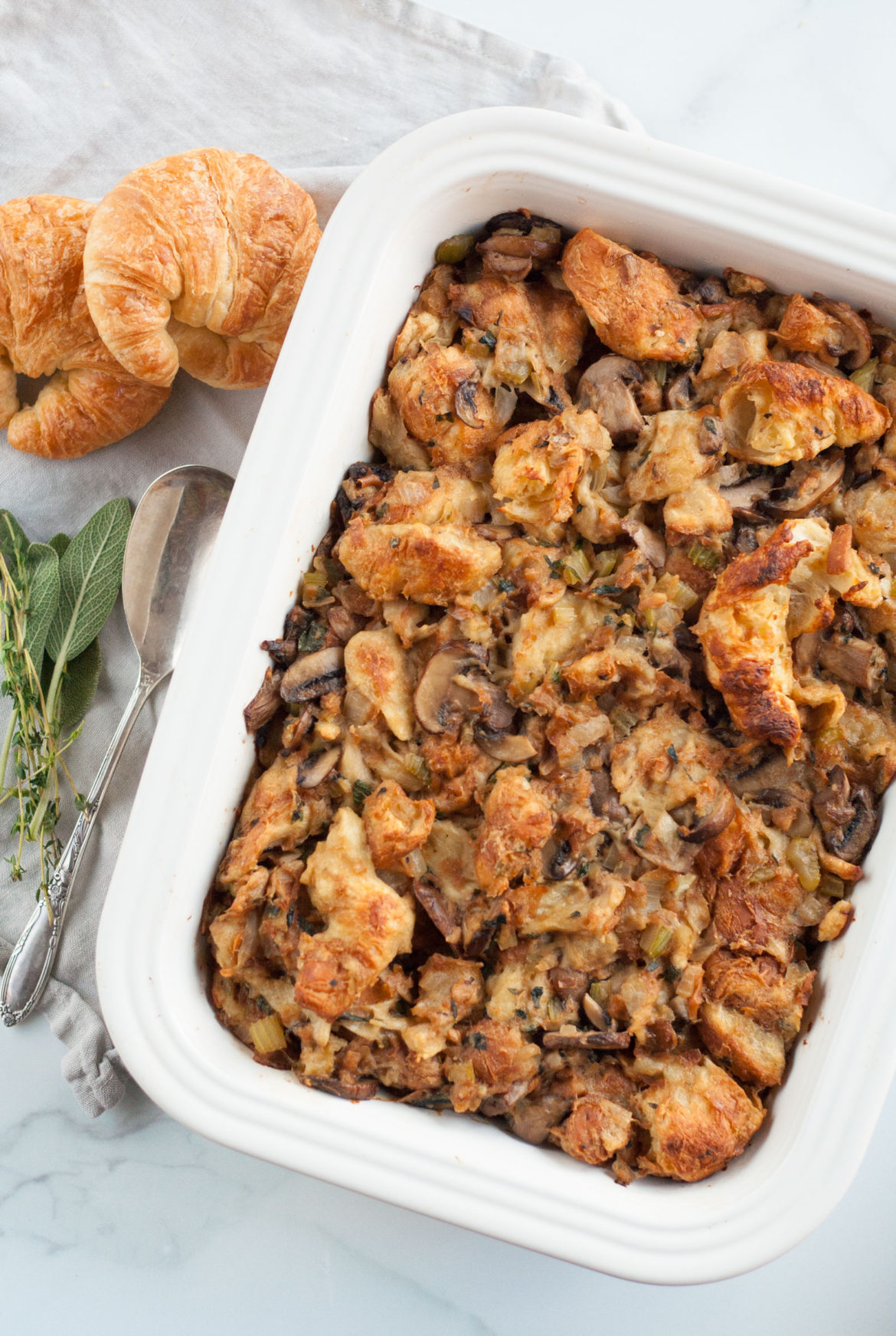 herb mushroom croissant stuffing dressing recipe holiday side dish thanksgiving christmas easy