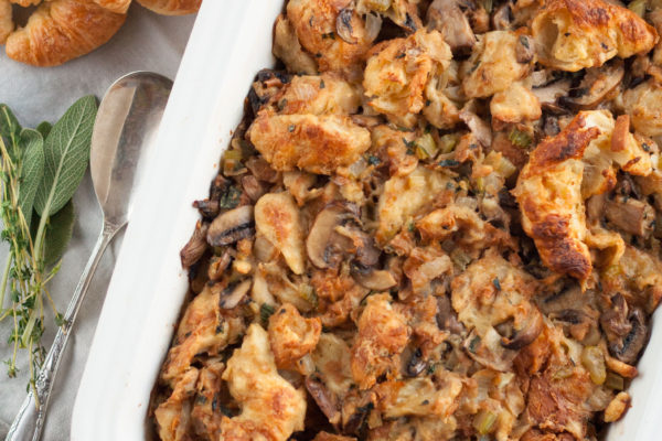 herb mushroom croissant stuffing dressing recipe holiday side dish thanksgiving christmas easy