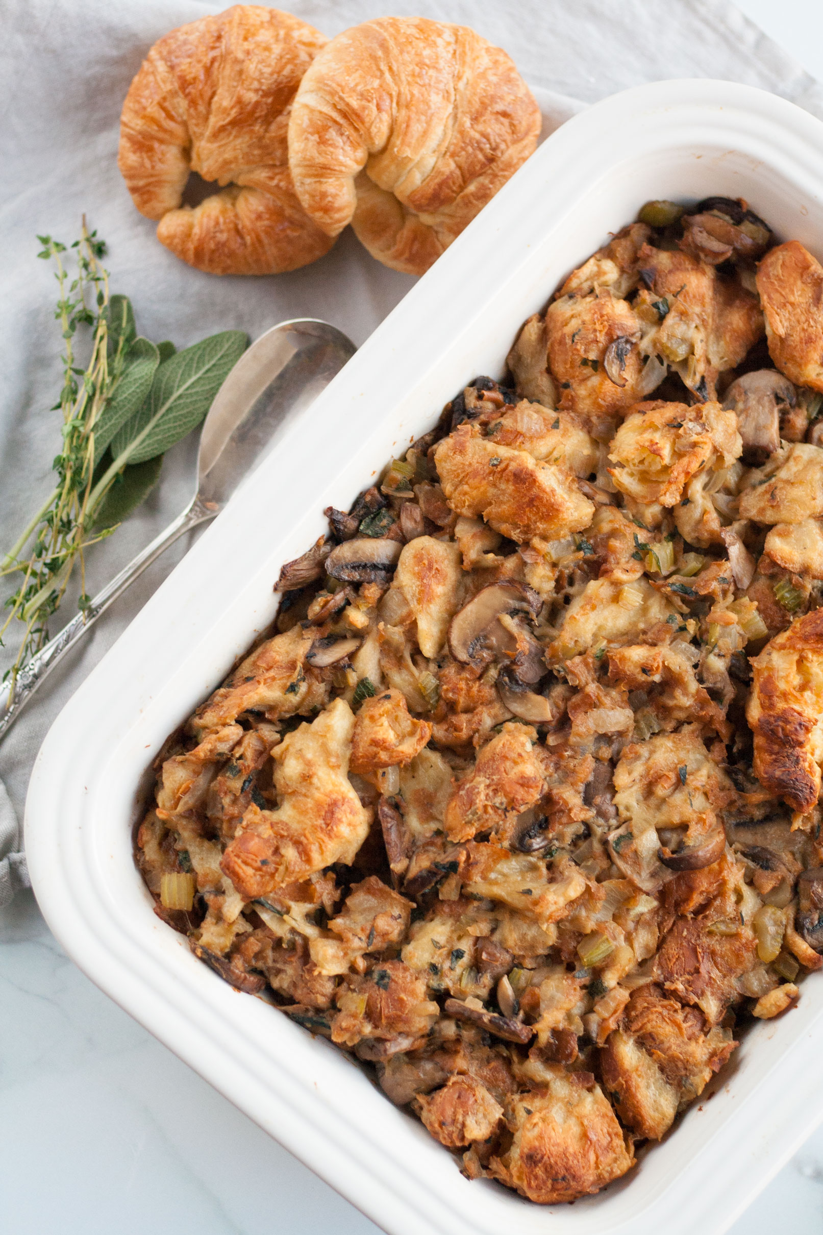 herb mushroom croissant stuffing dressing recipe holiday side dish thanksgiving christmas easy