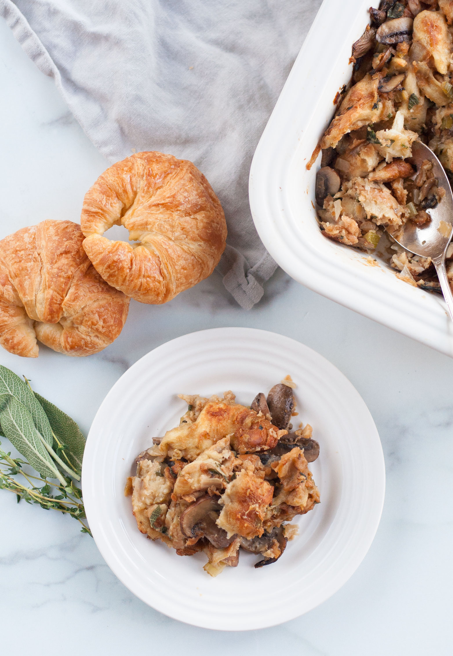 herb mushroom croissant stuffing dressing recipe holiday side dish thanksgiving christmas easy