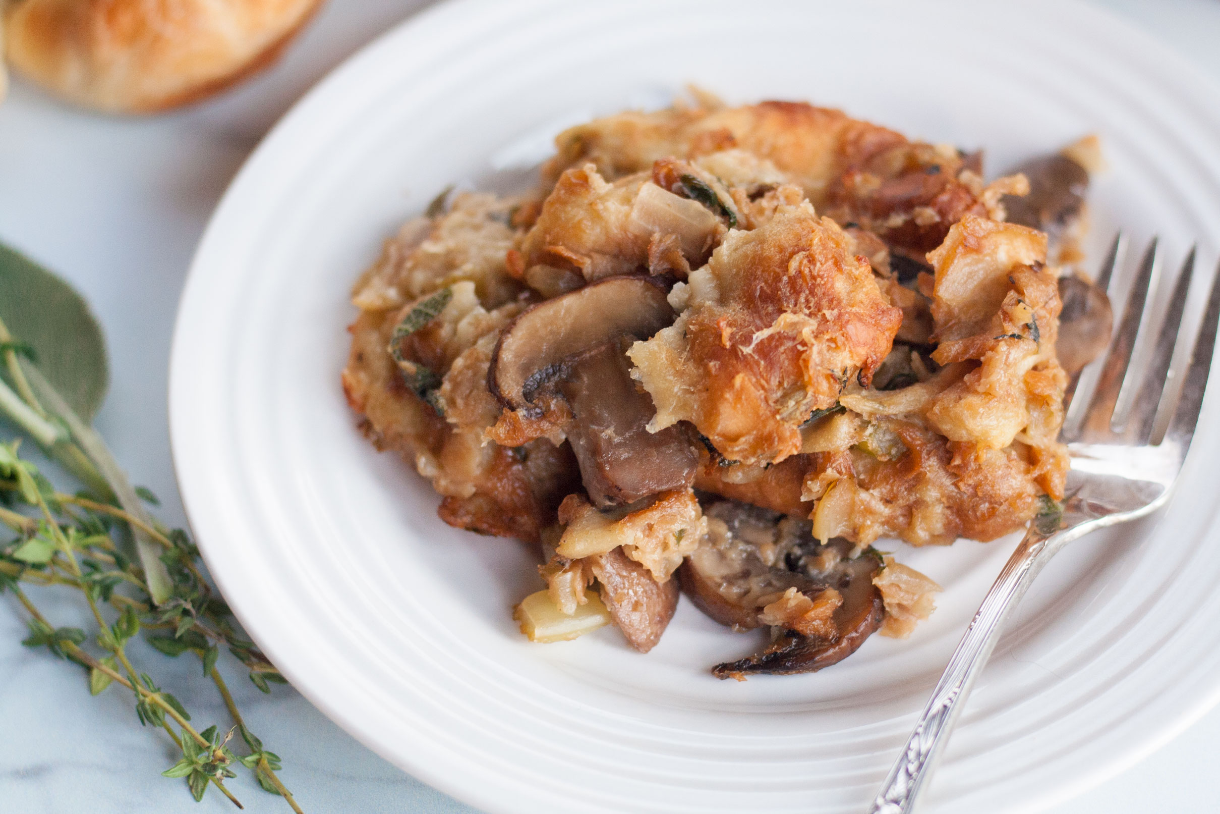 herb mushroom croissant stuffing dressing recipe holiday side dish thanksgiving christmas easy